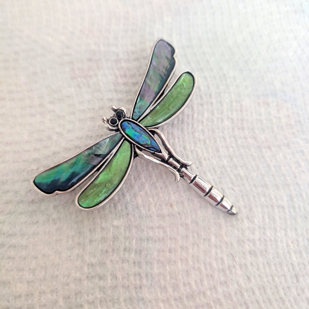 Silver Dragonfly Brooch with Green and Blue Accents